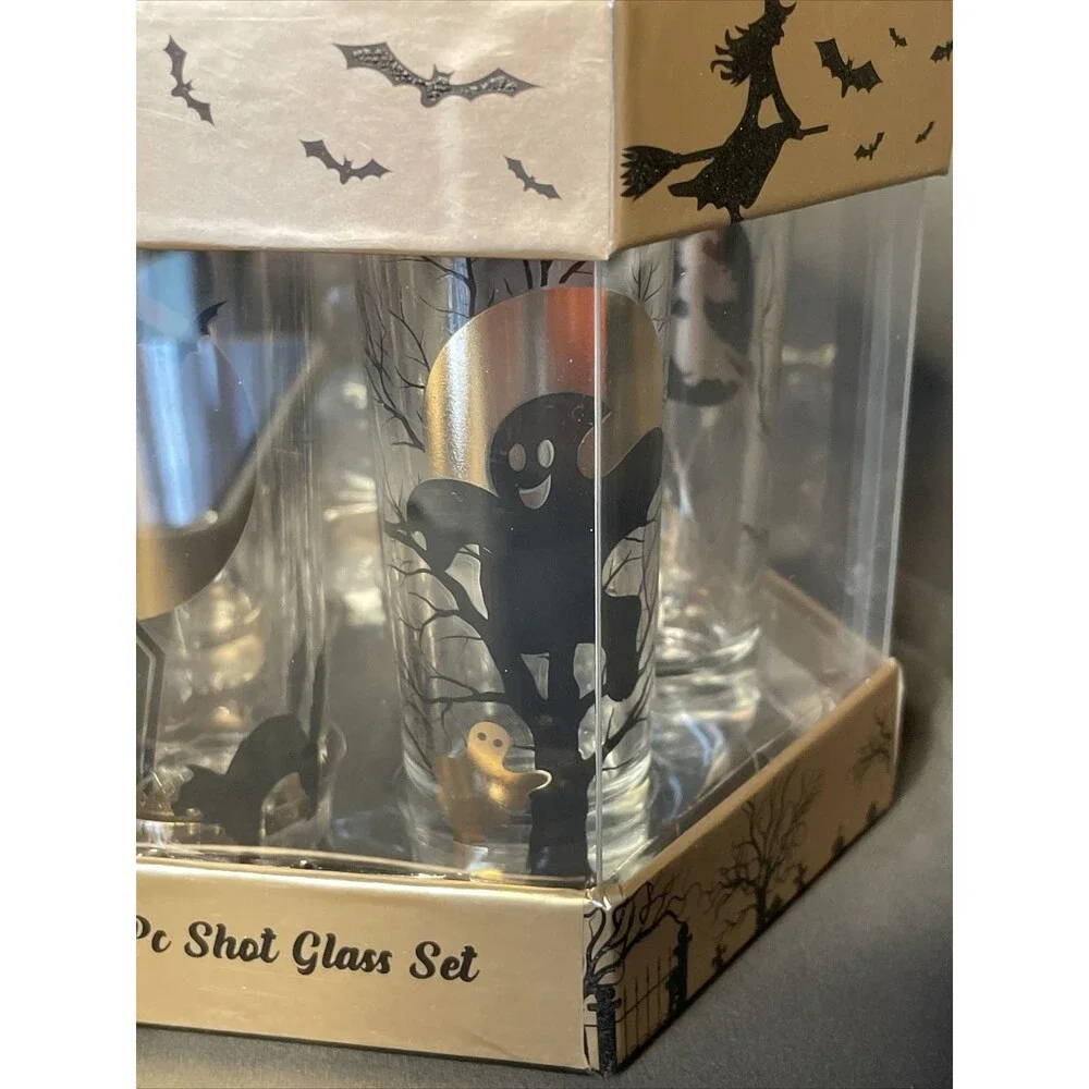 Halloween Shooters Shot Glass Set of 5 Witch Ghost RIP Bat Cat Haunted House NEW